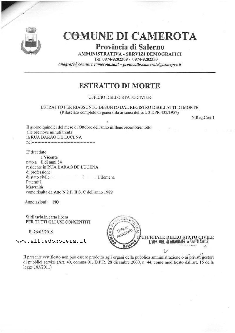 Extrato resumido, deduzido do livro de óbito