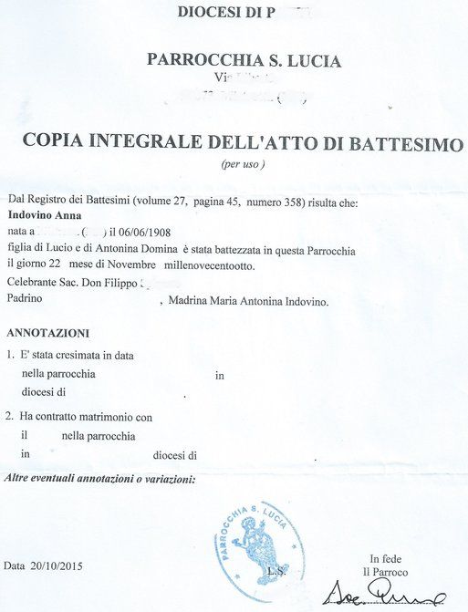 Copia integrale dell’atto di battesimo