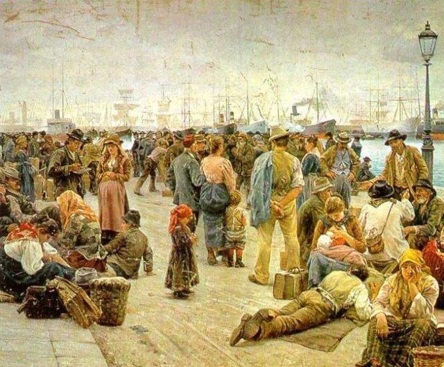 Emigrantes embarcando no porto de Gênova, Itália, em 1885